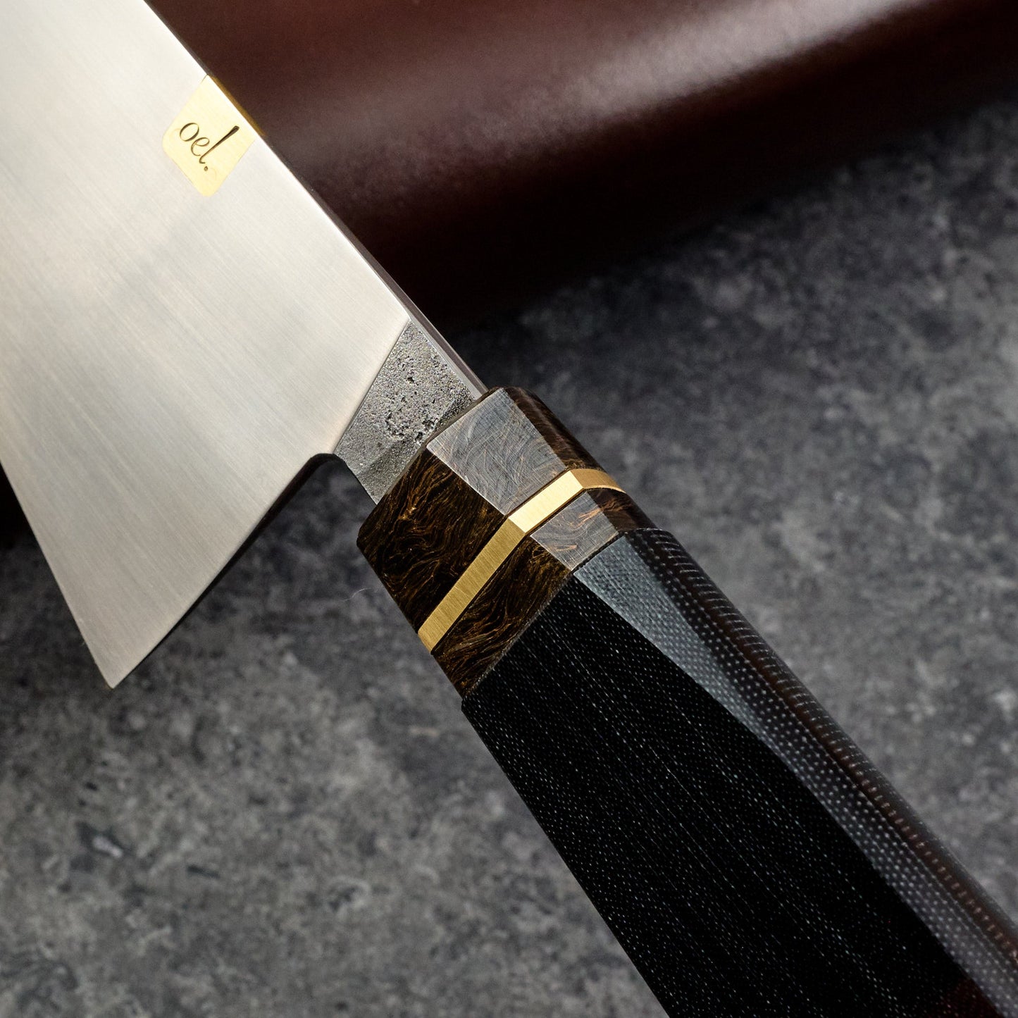 Gyuto 190mm Carbon Chef Brass Inlaid Name Plate SE – blade close-up