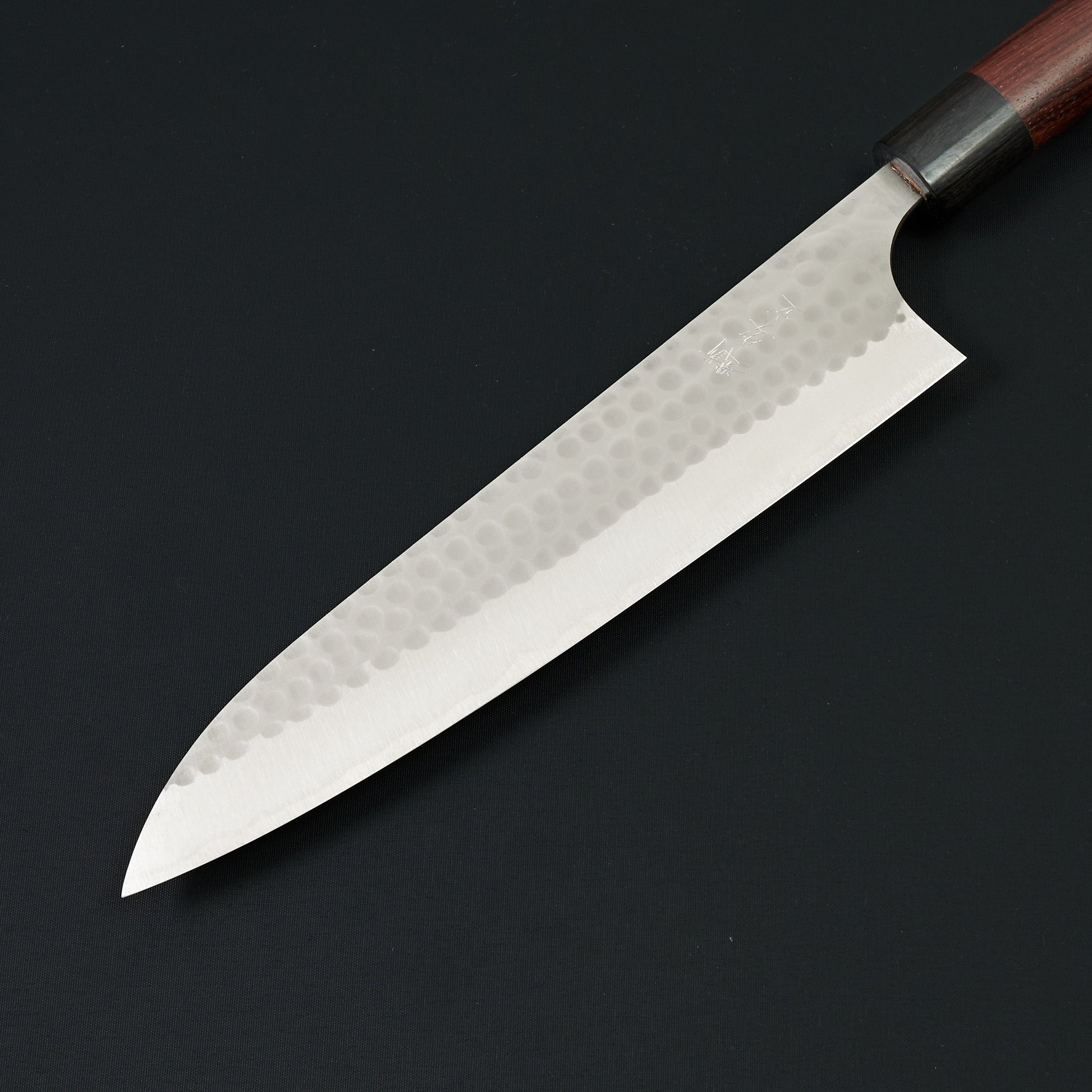 Gyuto 210mm Blue #2 Stainless Clad Tsuchime Rosewood – detail view
