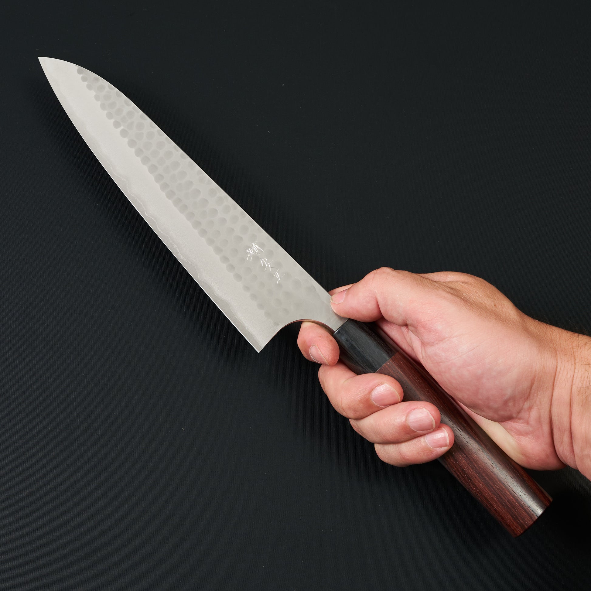 Gyuto 210mm Blue #2 Stainless Clad Tsuchime Rosewood – blade close-up