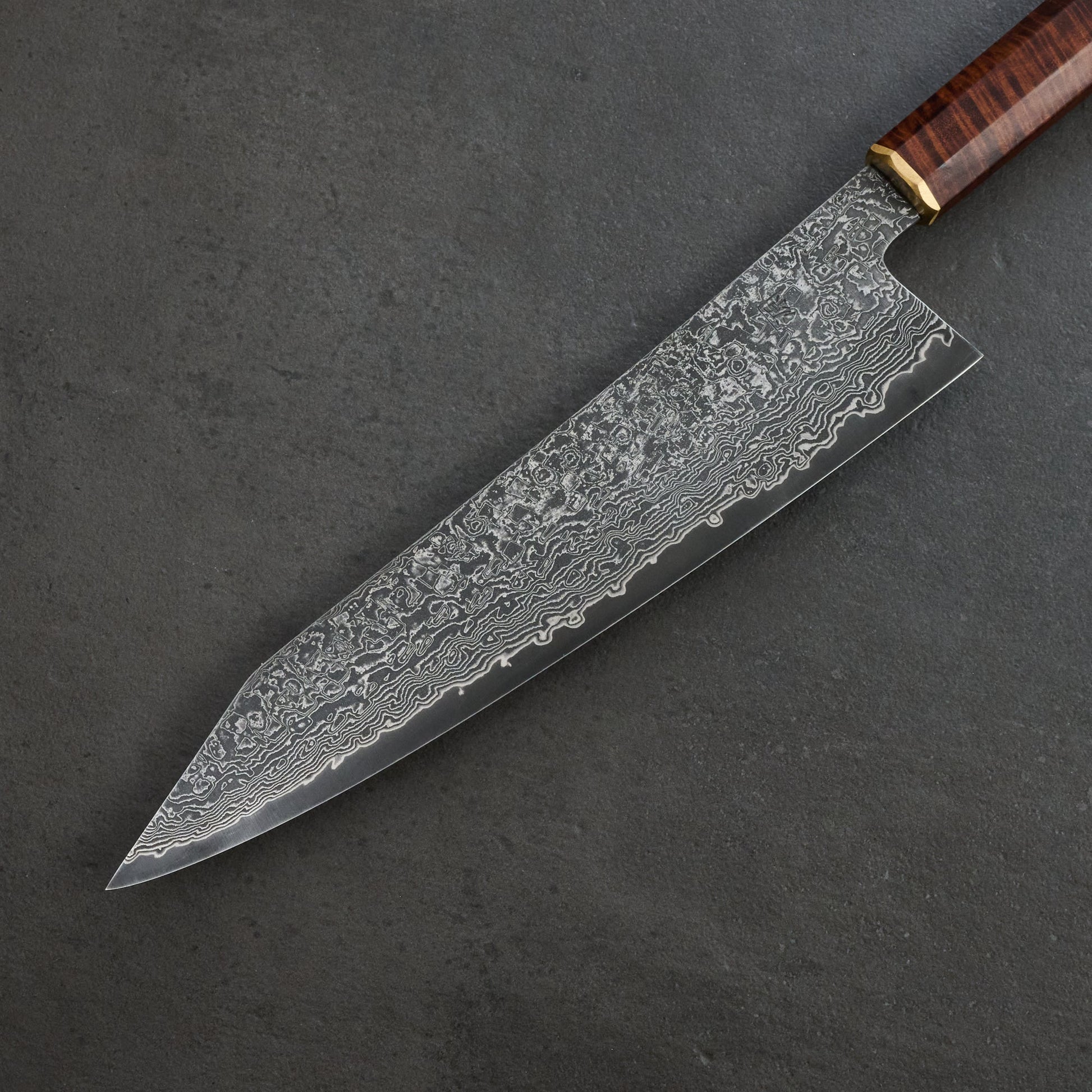 Gyuto 210mm K-Tip SG2 Damascus Clad Gidgee & Brass – blade close-up