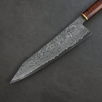 Gyuto 210mm K-Tip SG2 Damascus Clad Gidgee & Brass – blade close-up