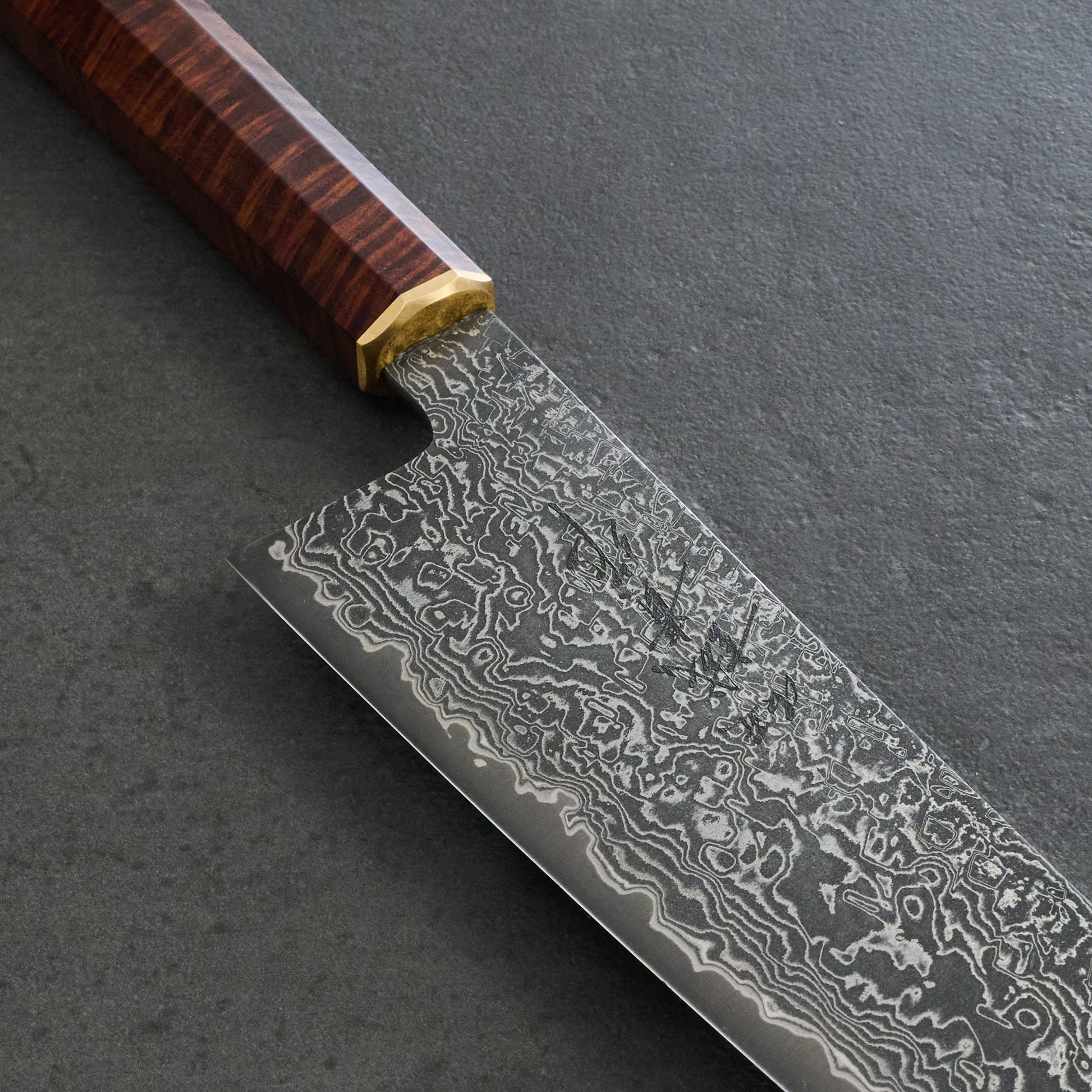 Gyuto 210mm K-Tip SG2 Damascus Clad Gidgee & Brass – detail view