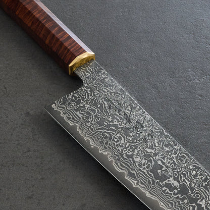 Gyuto 210mm K-Tip SG2 Damascus Clad Gidgee & Brass – detail view