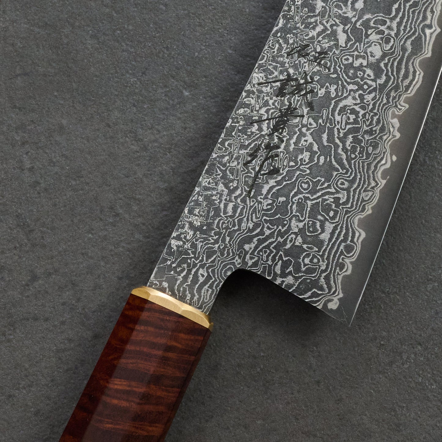 Gyuto 210mm K-Tip SG2 Damascus Clad Gidgee & Brass – side profile