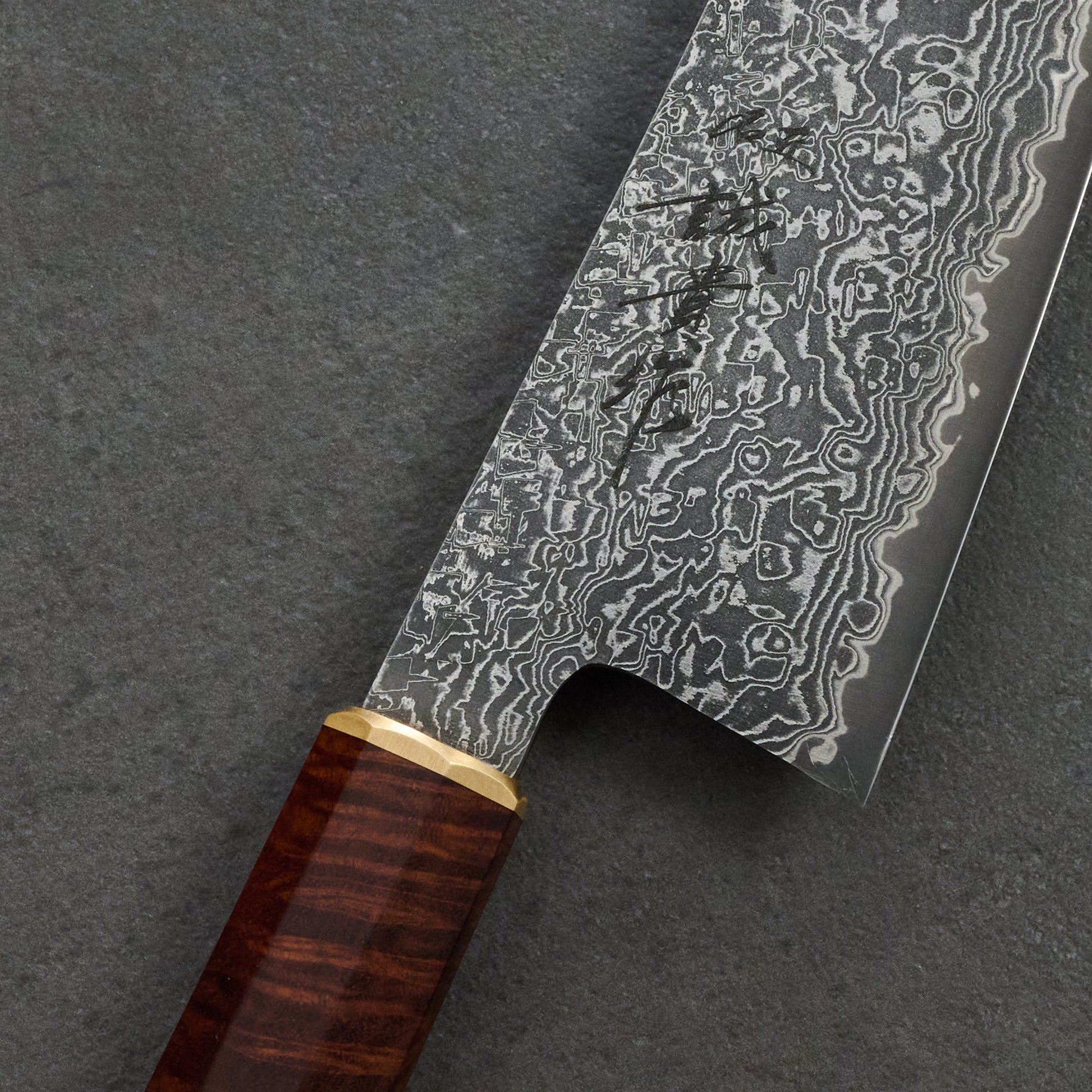 Gyuto 210mm K-Tip SG2 Damascus Clad Gidgee & Brass – side profile