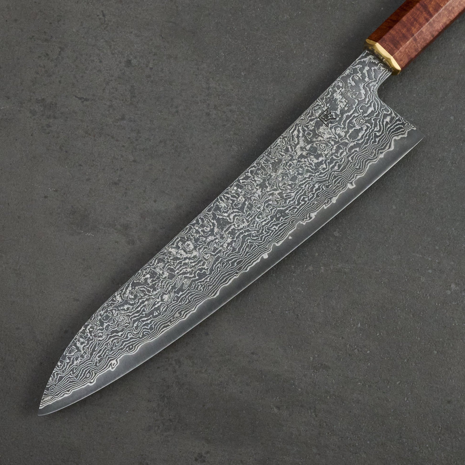 Gyuto 210mm SG2 Damascus Clad Gidgee & Brass – blade close-up