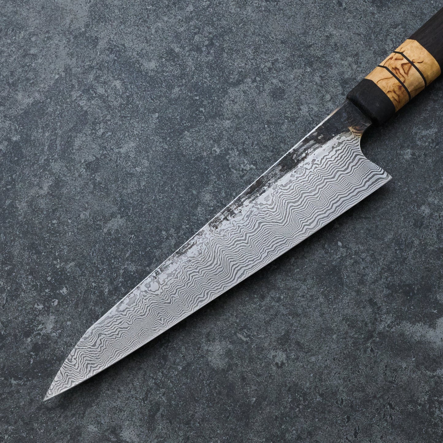 Gyuto 215mm 100 Layer Damascus Bog Oak & Masur Birch – blade close-up