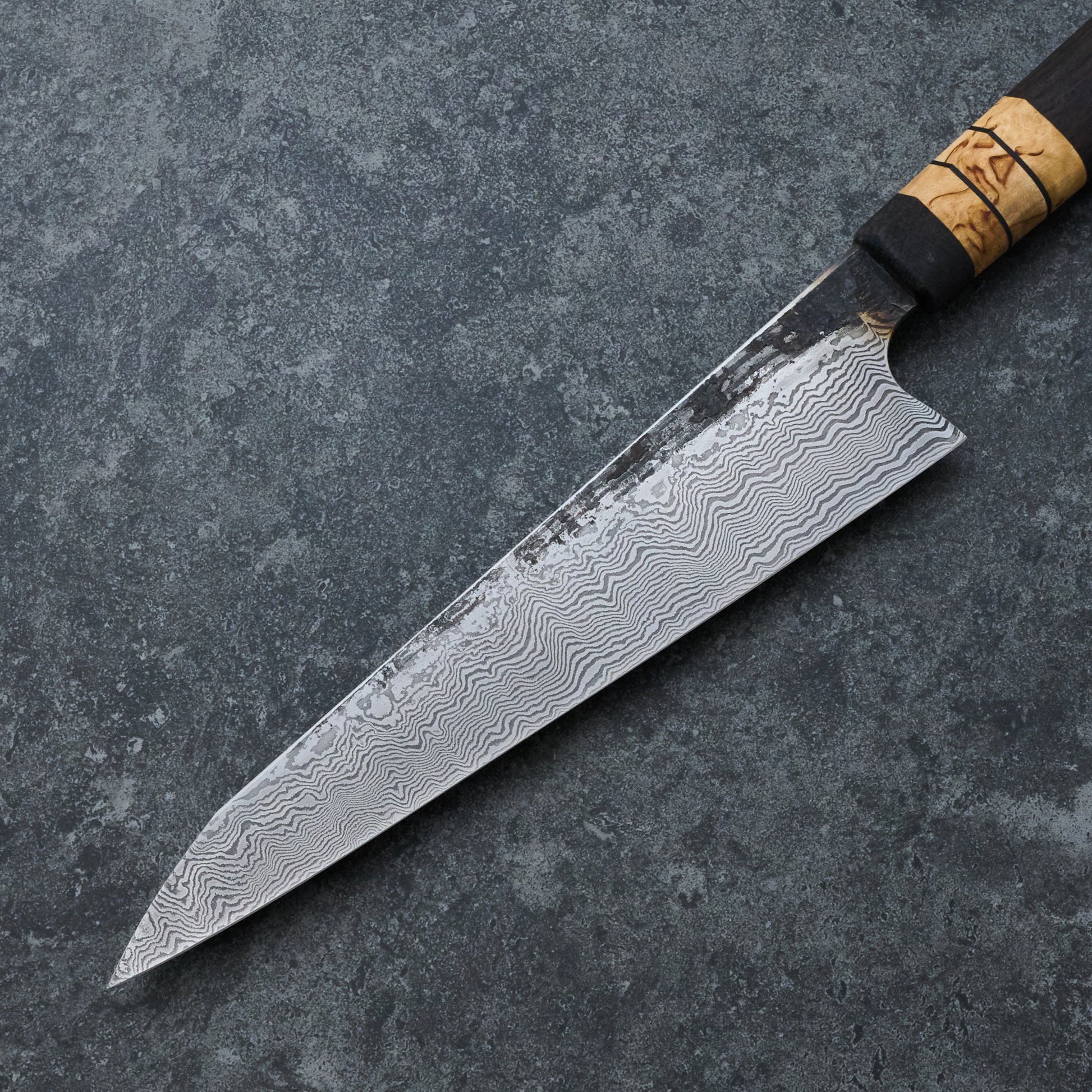 Gyuto 215mm 100 Layer Damascus Bog Oak & Masur Birch – blade close-up
