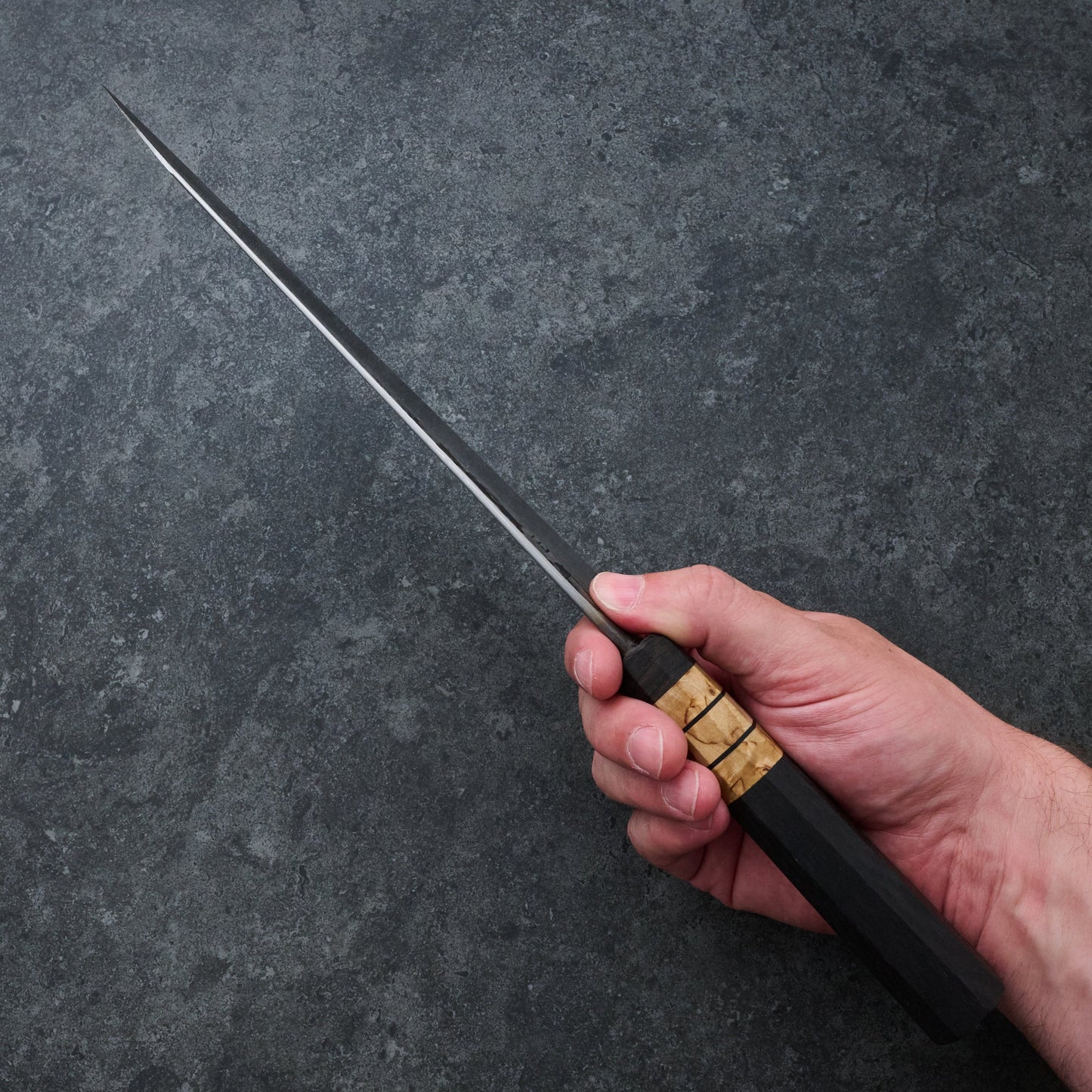 Gyuto 215mm 100 Layer Damascus Bog Oak & Masur Birch – detail view