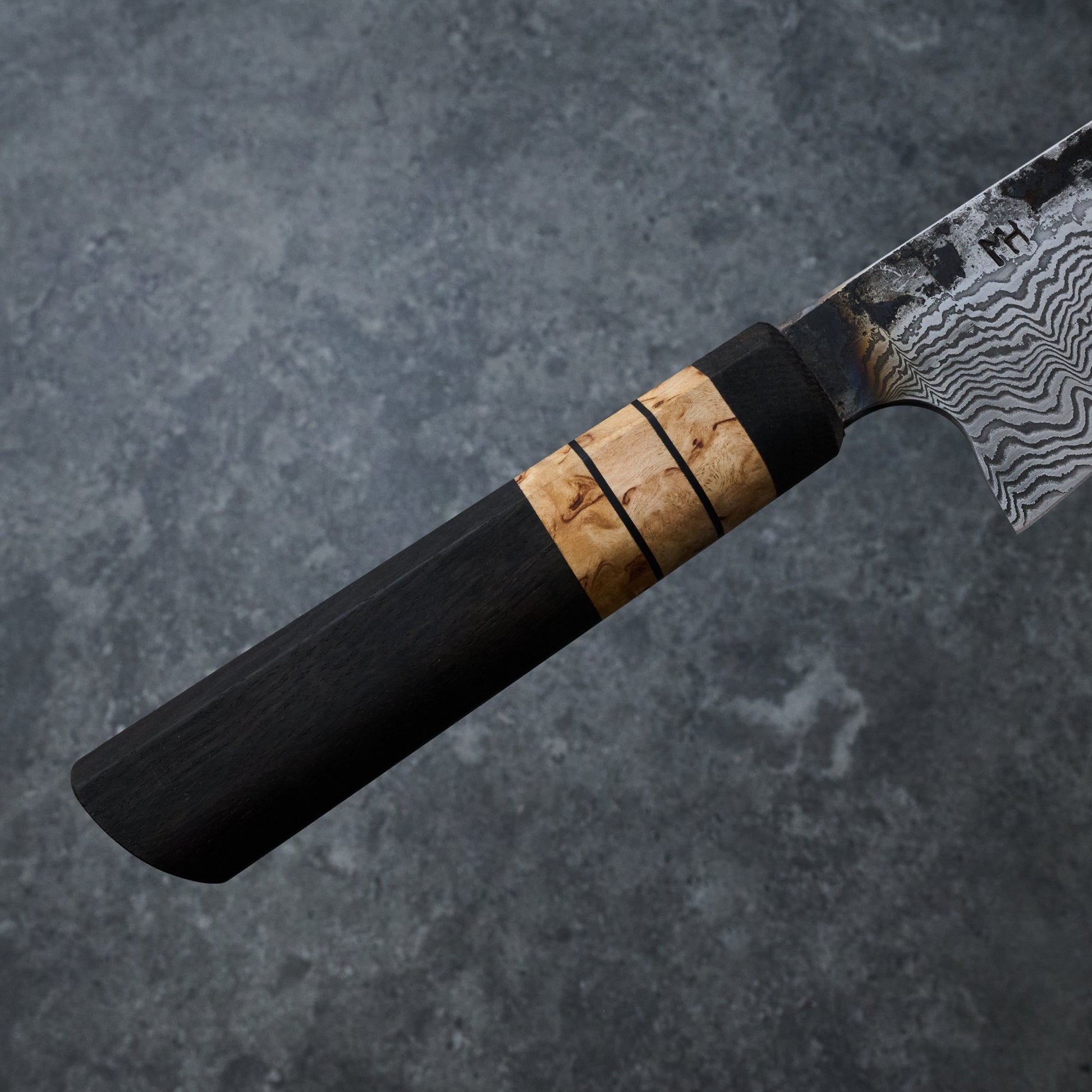 Gyuto 215mm 100 Layer Damascus Bog Oak & Masur Birch – handle detail