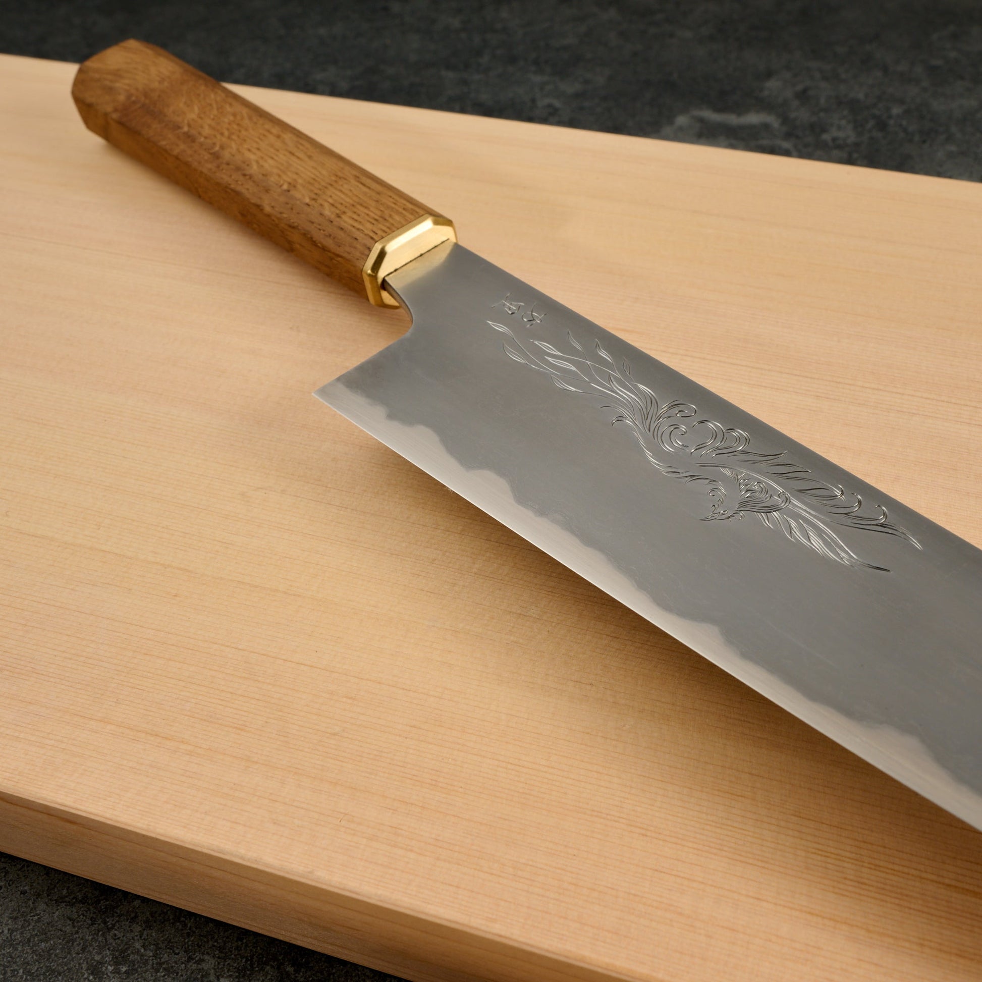 Gyuto 216mm Wrought Iron Clad 135Cr3 Full Kasumi 'Phénix' Mali Irie-Cros – blade close-up
