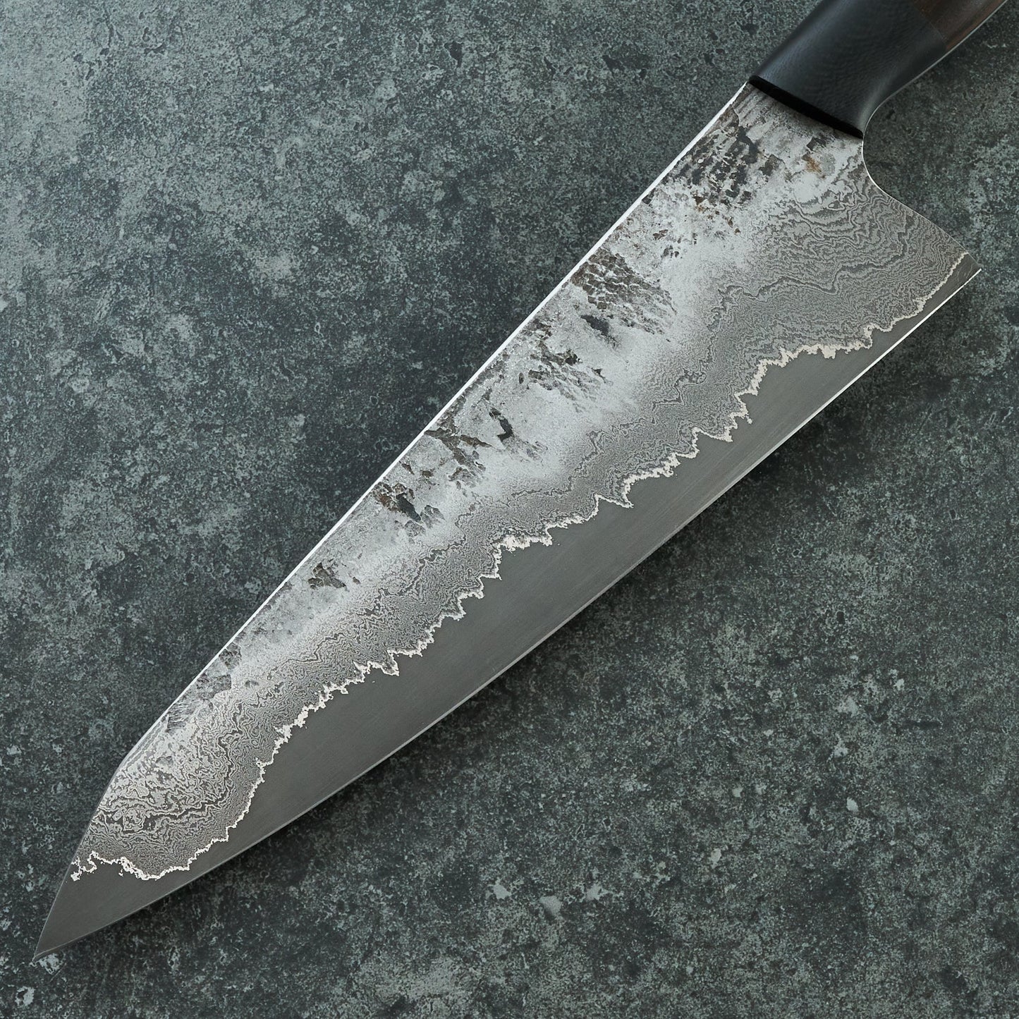Gyuto 220mm Damascus clad 1.2419 Chesnut & G10 Full Tang – detail view