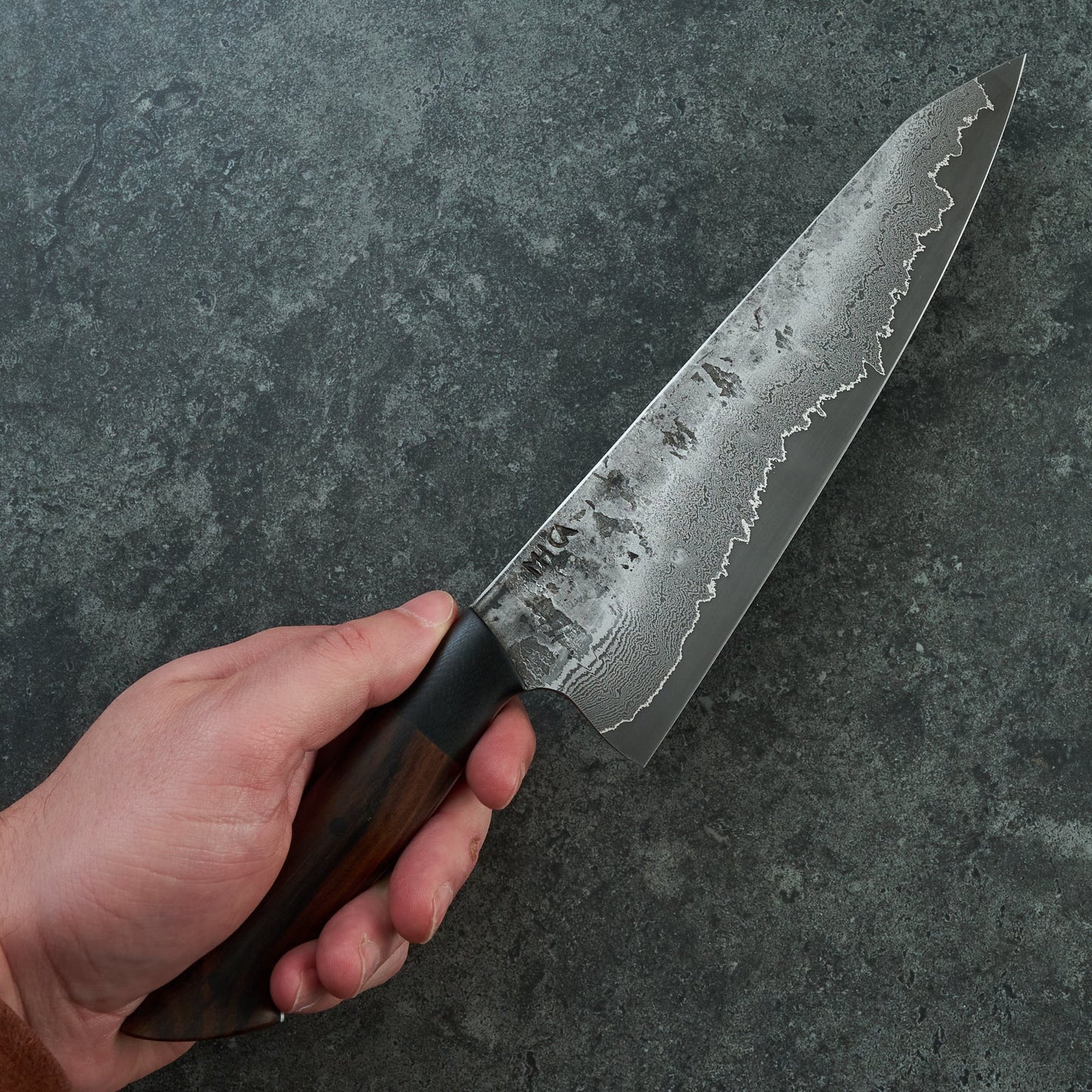 Gyuto 220mm Damascus clad 1.2419 Chesnut & G10 Full Tang – side profile