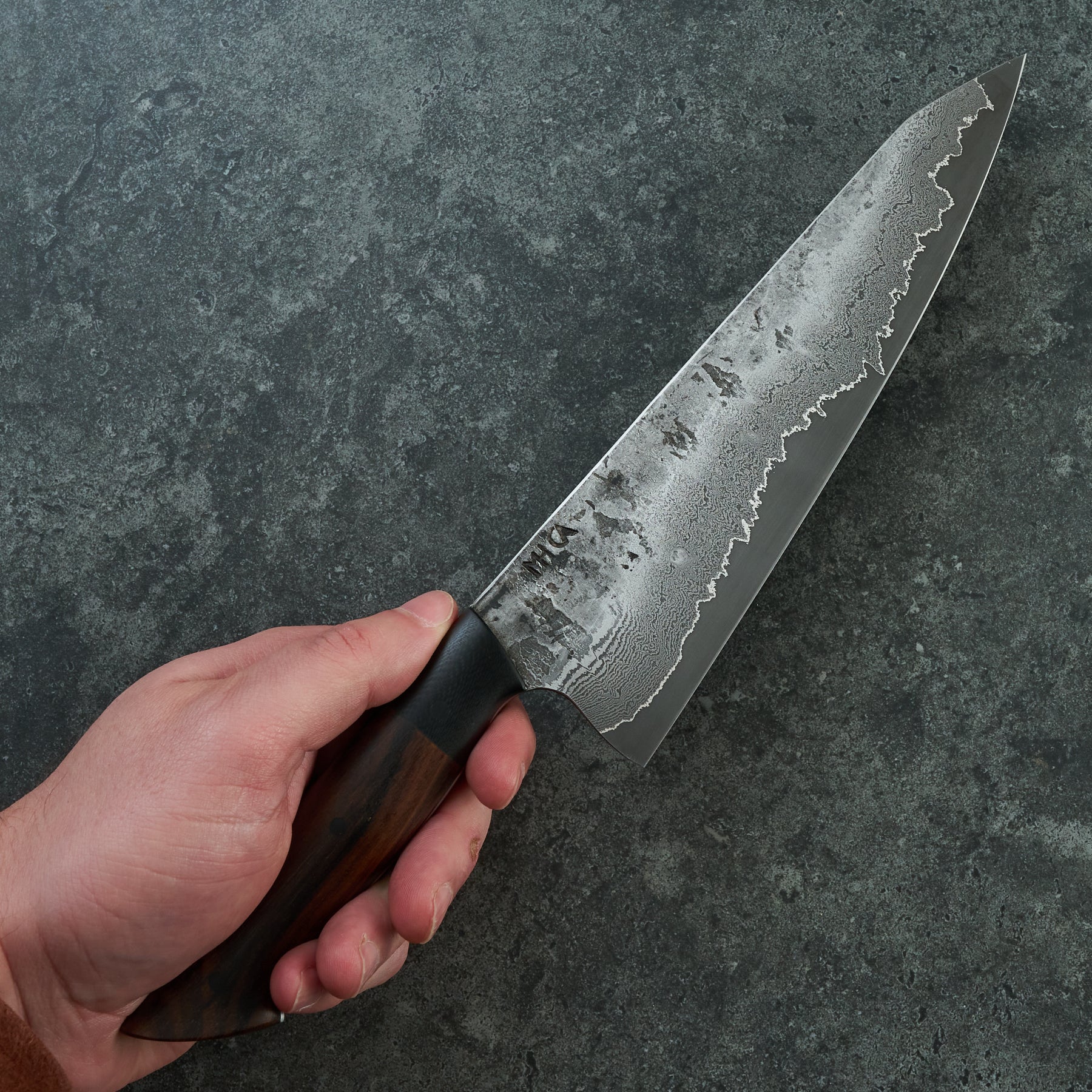 Gyuto 220mm Damascus clad 1.2419 Chesnut & G10 Full Tang – side profile