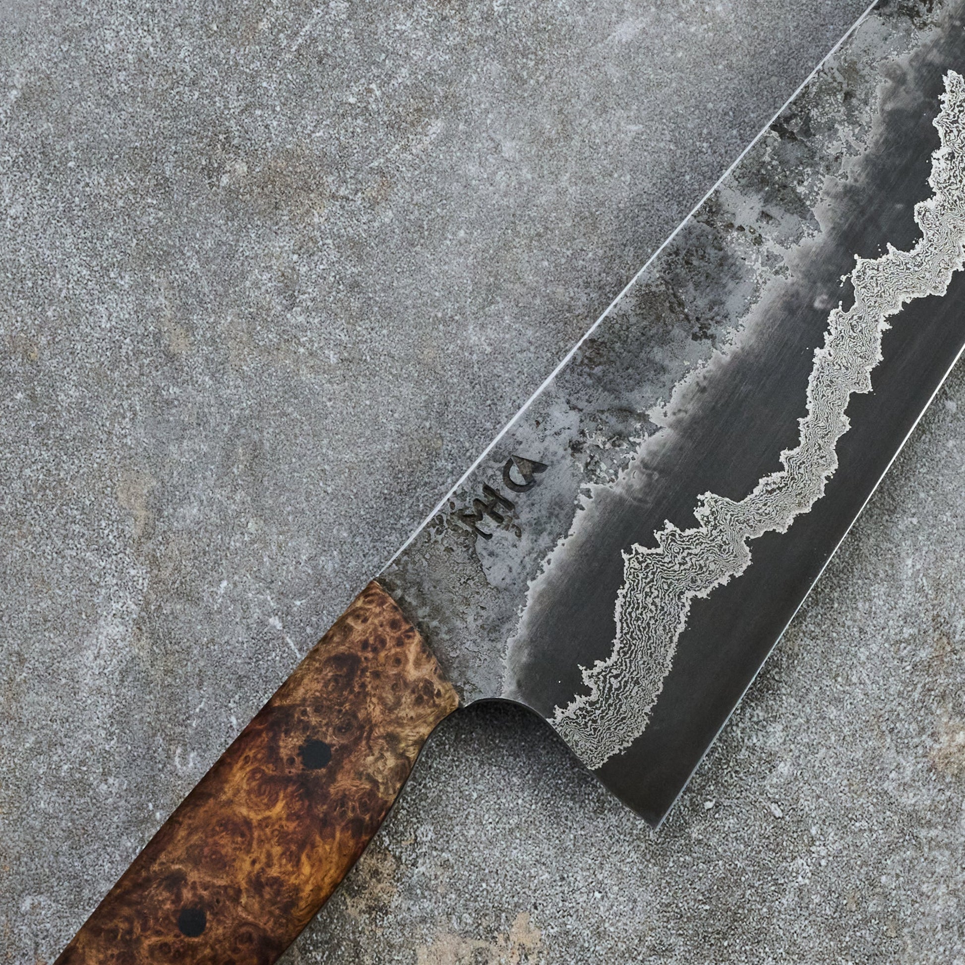 Gyuto 220mm GoMai 1.2419 Damascus & Amboyna Burl – blade close-up