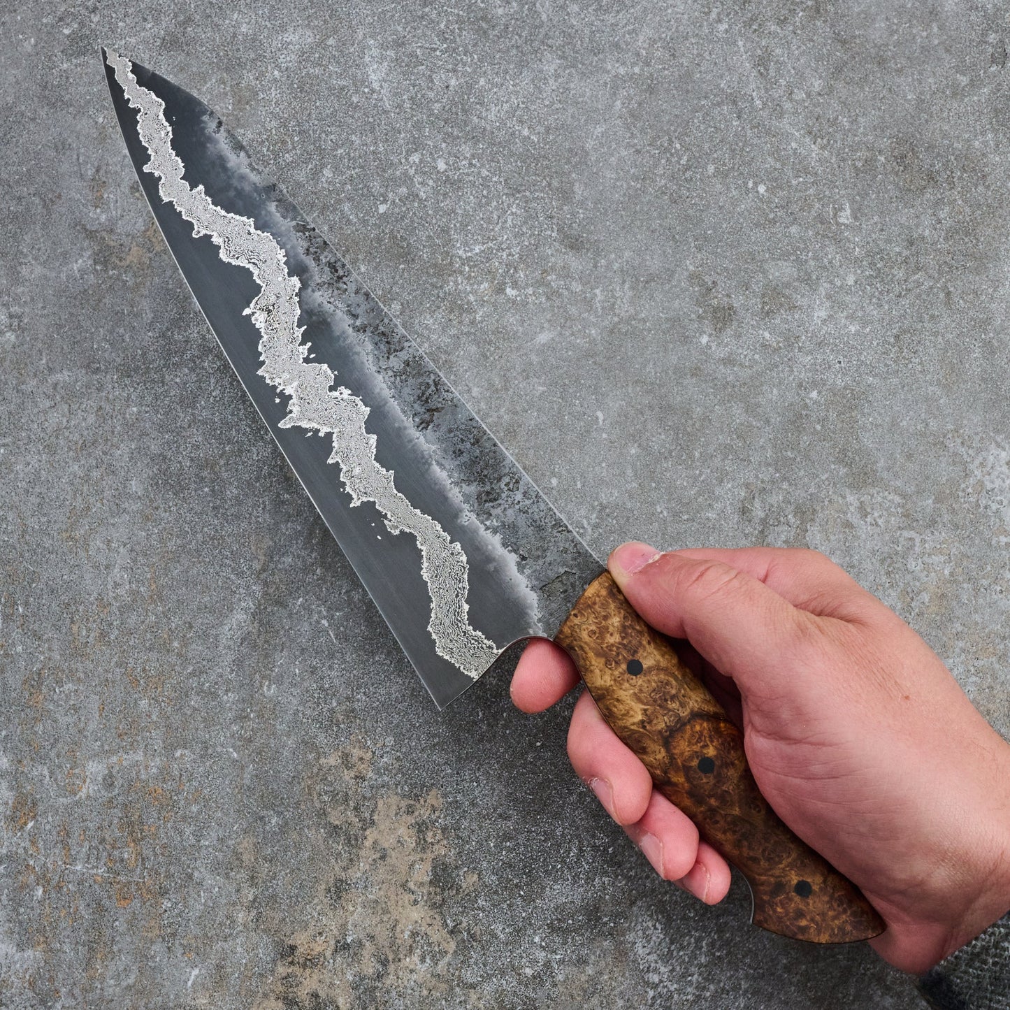 Gyuto 220mm GoMai 1.2419 Damascus & Amboyna Burl – detail view