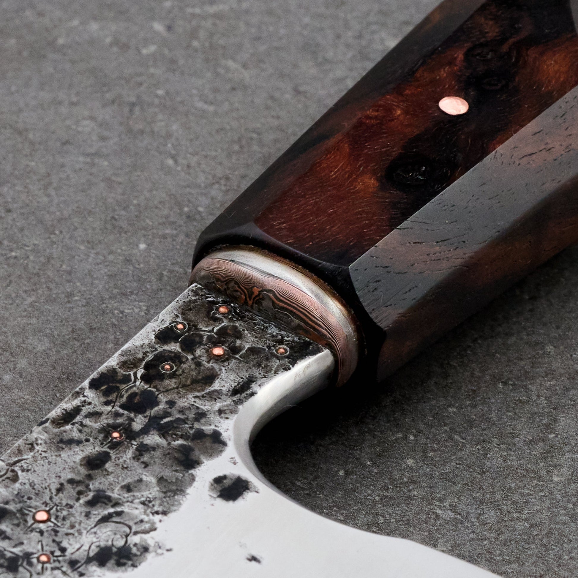 Gyuto 220mm Honyaki Spicey White Mokume, Walnut and Copper – side profile