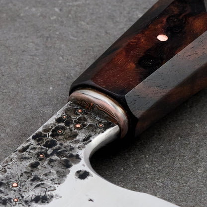 Gyuto 220mm Honyaki Spicey White Mokume, Walnut and Copper – side profile