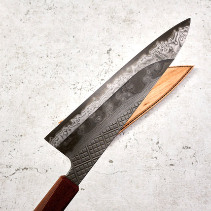 Gyuto 225mm 23 Layer Suminagashi Clad Waffle Textured S Grind – detail view