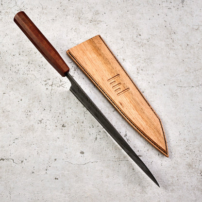 Gyuto 225mm 23 Layer Suminagashi Clad Waffle Textured S Grind – blade close-up