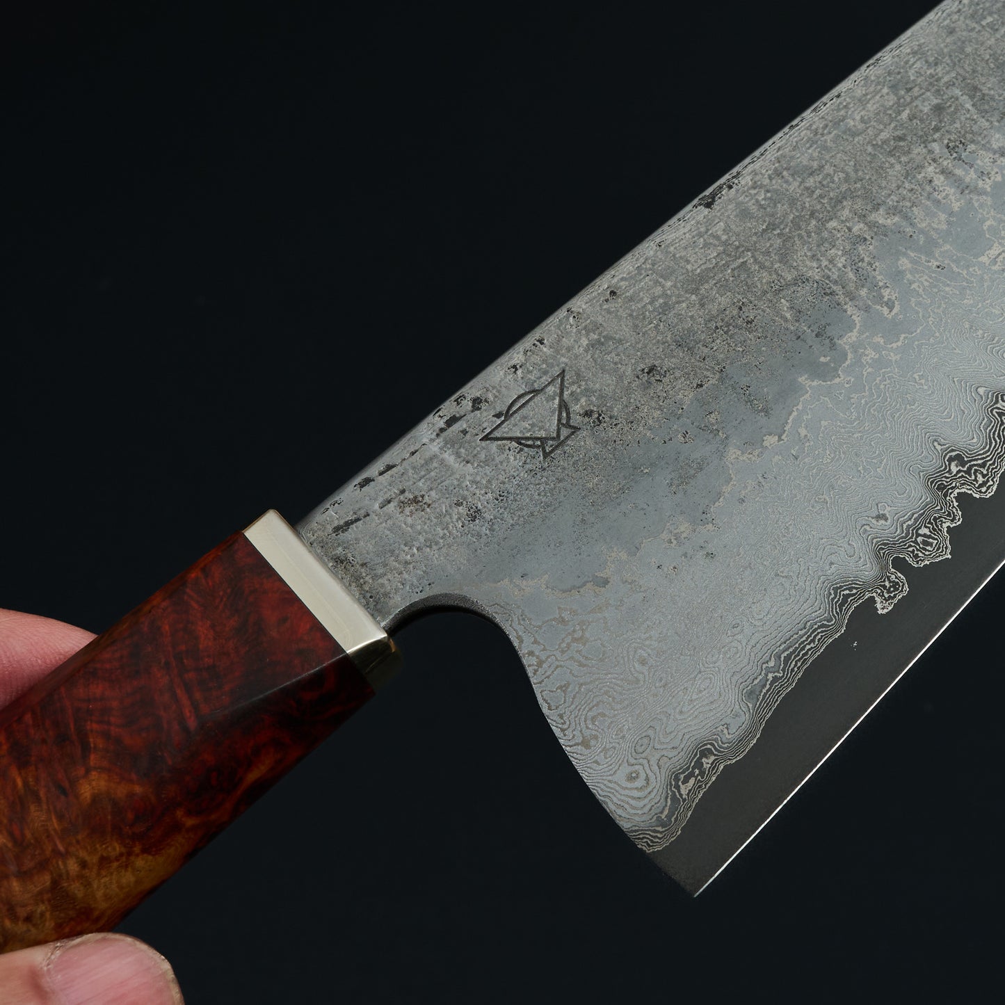 Gyuto 224mm Damascus Clad Apex Ultra Spalted Amboyna – detail view