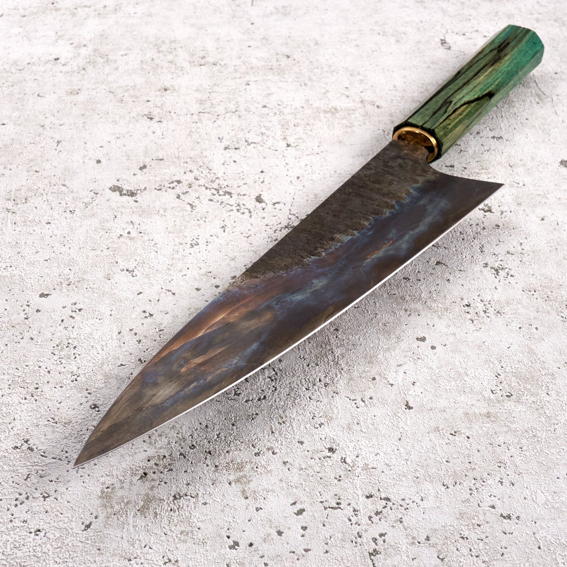 Gyuto 225mm C Grind Spalted Beach & Brass – blade close-up