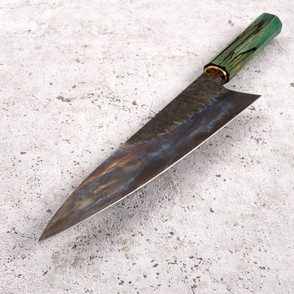 Gyuto 225mm C Grind Spalted Beach & Brass – blade close-up