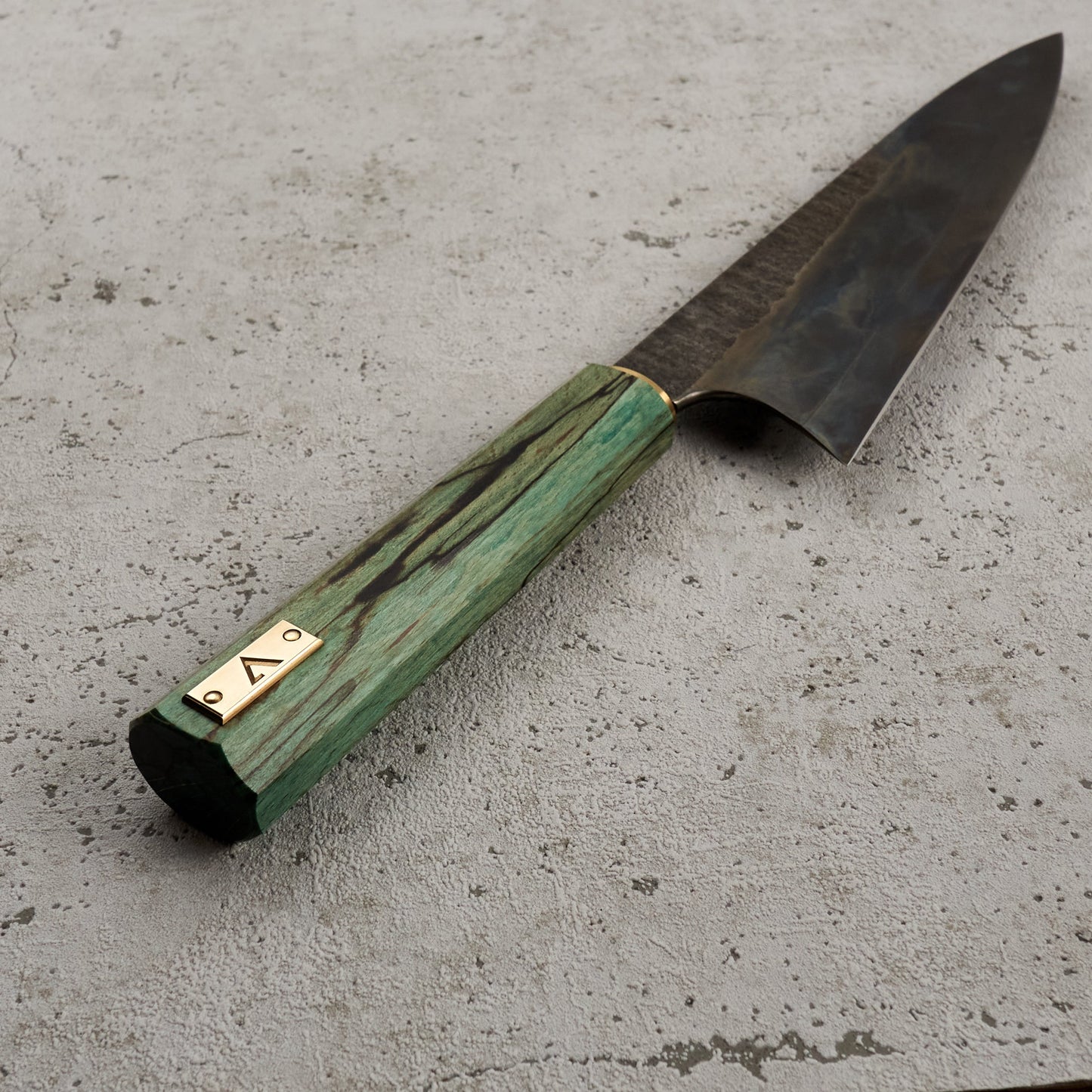 Gyuto 225mm C Grind Spalted Beach & Brass – handle detail
