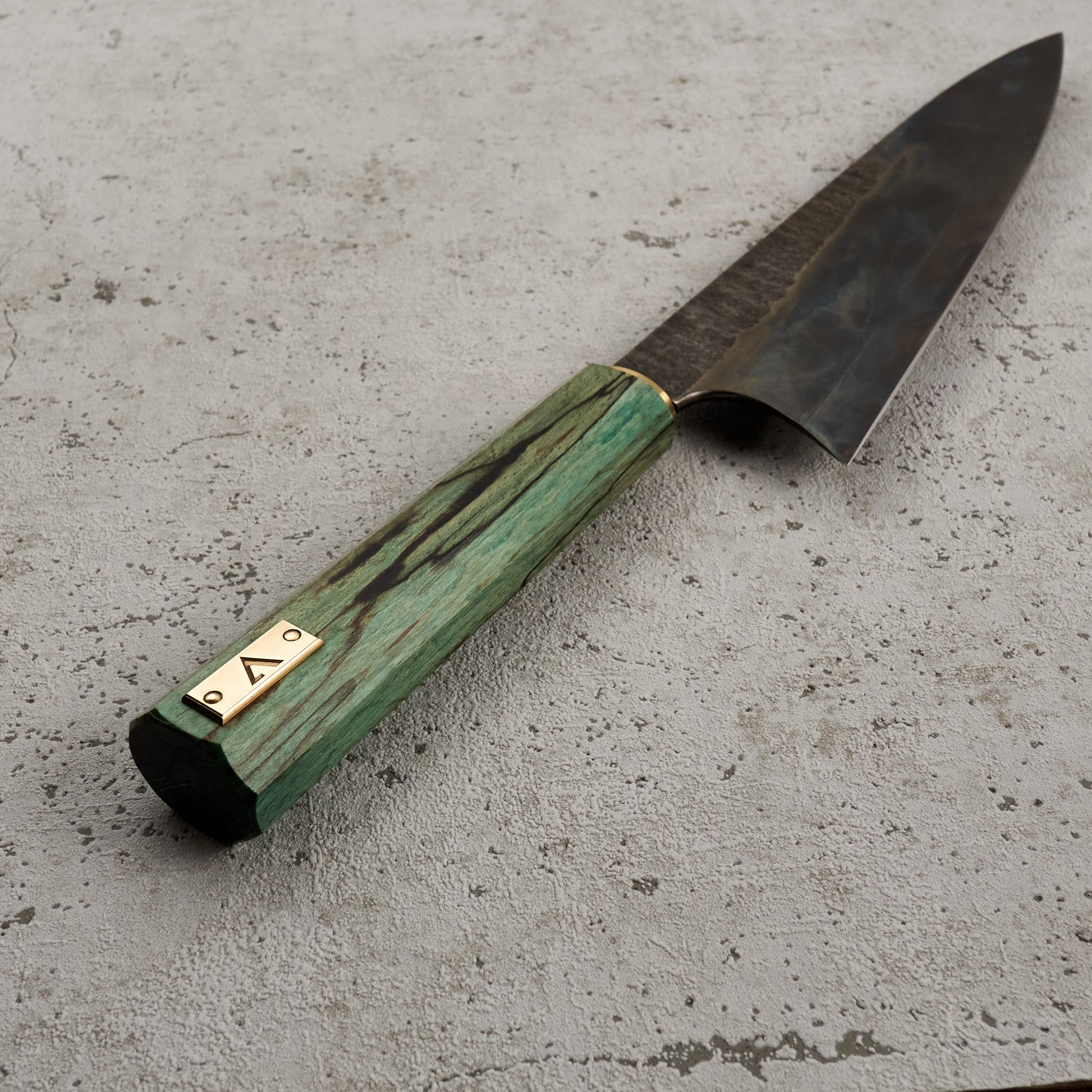 Gyuto 225mm C Grind Spalted Beach & Brass – handle detail