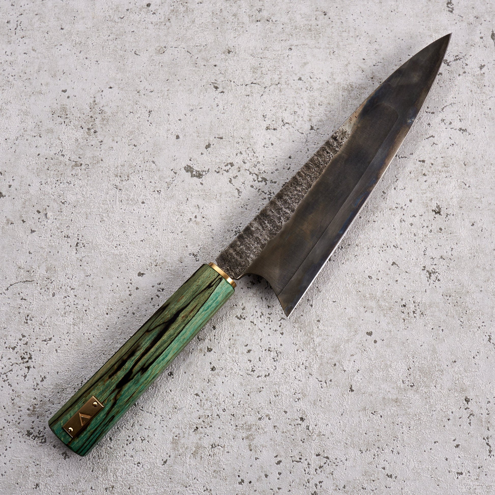 Gyuto 225mm C Grind Spalted Beach & Brass – detail view