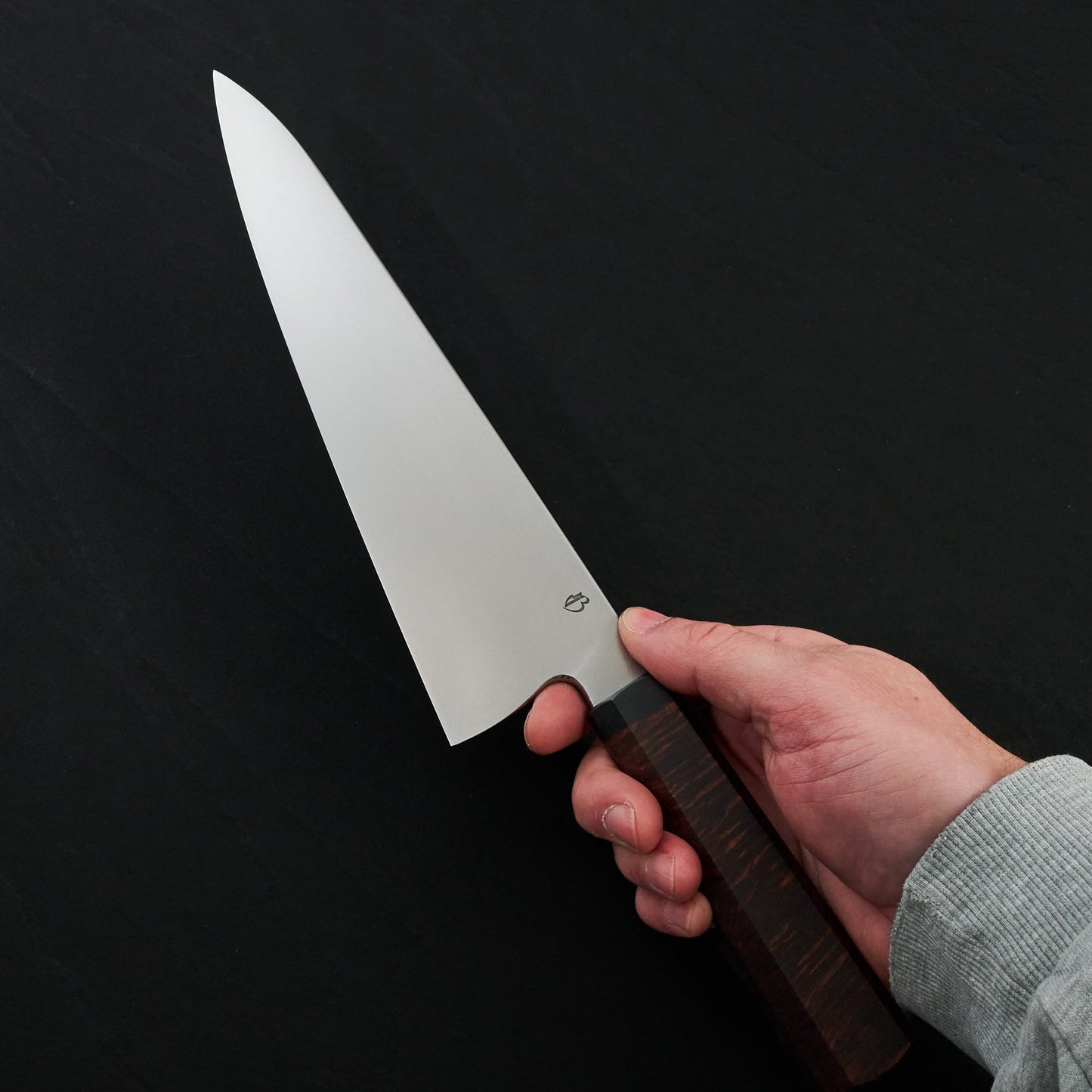 Gyuto 225mm AEB-L Orbital, Gidgee & Double Black canvas Micarta – detail view
