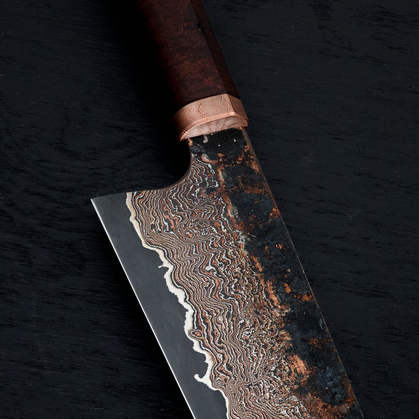Gyuto 230mm Copper Damascus Clad Apex Ultra, Mokume-gane & Gidgee – detail view