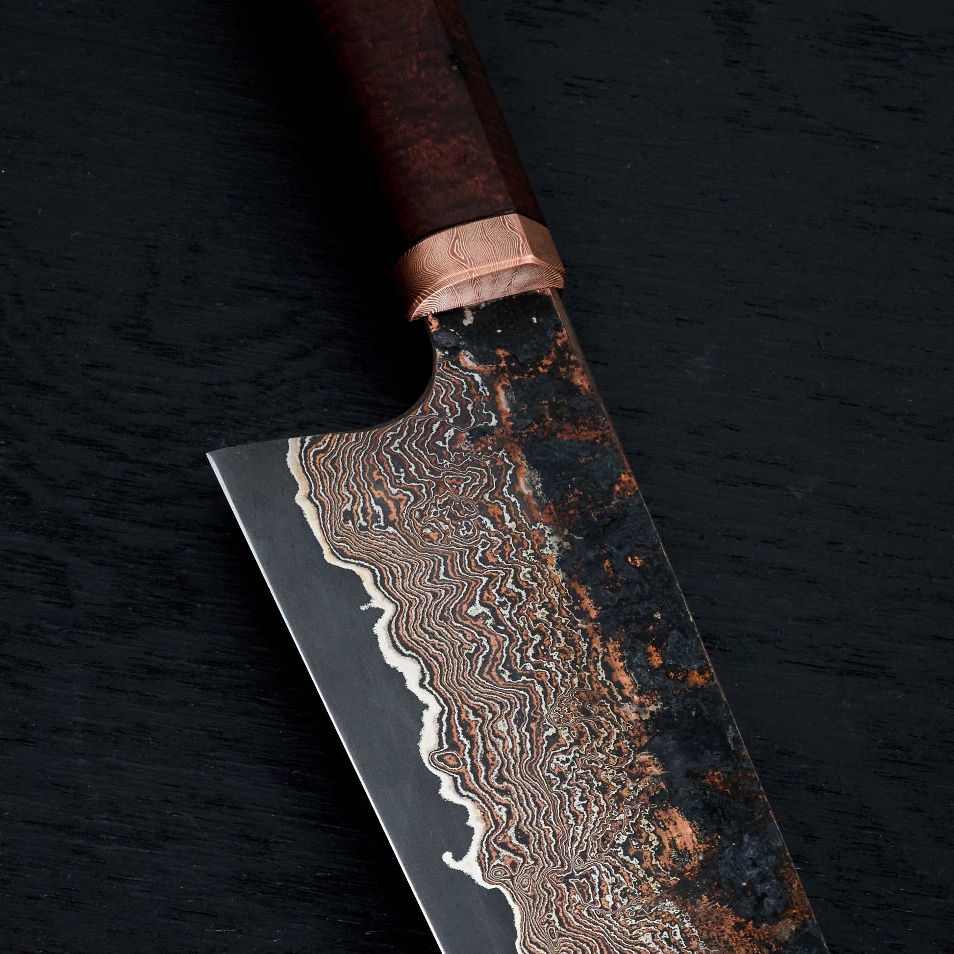 Gyuto 230mm Copper Damascus Clad Apex Ultra, Mokume-gane & Gidgee – detail view