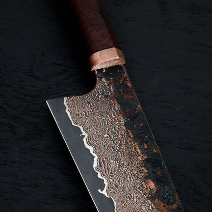 Gyuto 230mm Copper Damascus Clad Apex Ultra, Mokume-gane & Gidgee – detail view