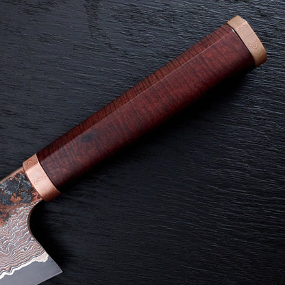 Gyuto 230mm Copper Damascus Clad Apex Ultra, Mokume-gane & Gidgee – blade close-up
