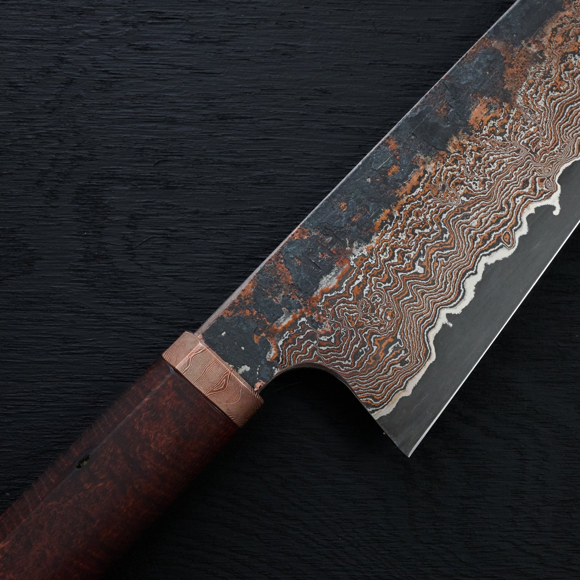 Gyuto 230mm Copper Damascus Clad Apex Ultra, Mokume-gane & Gidgee – handle detail