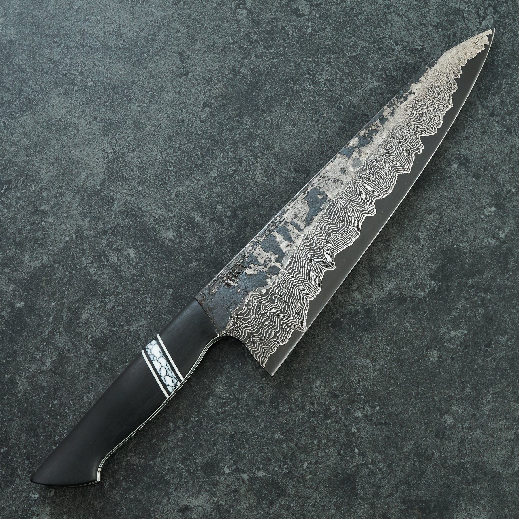 Gyuto 230mm Damascus clad 1.2419 Bog Oak & TruStone Tapered Full Tang