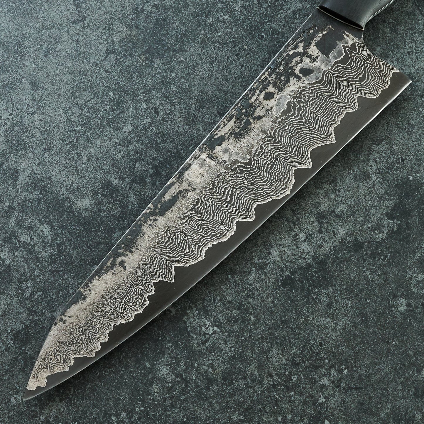 Gyuto 230mm Damascus clad 1.2419 Bog Oak & TruStone Tapered Full Tang – detail view
