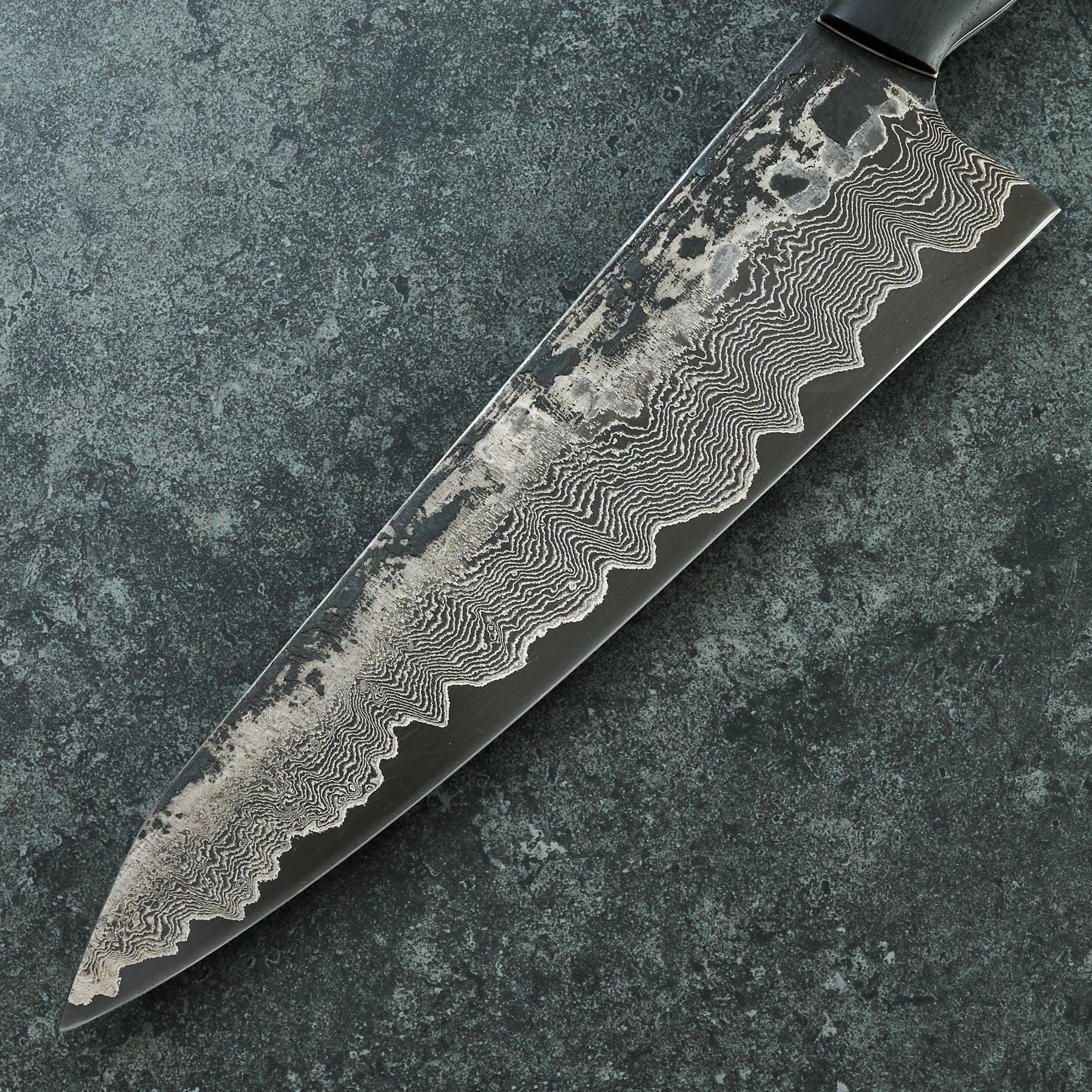 Gyuto 230mm Damascus clad 1.2419 Bog Oak & TruStone Tapered Full Tang – detail view