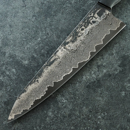 Gyuto 230mm Damascus clad 1.2419 Bog Oak & TruStone Tapered Full Tang – detail view