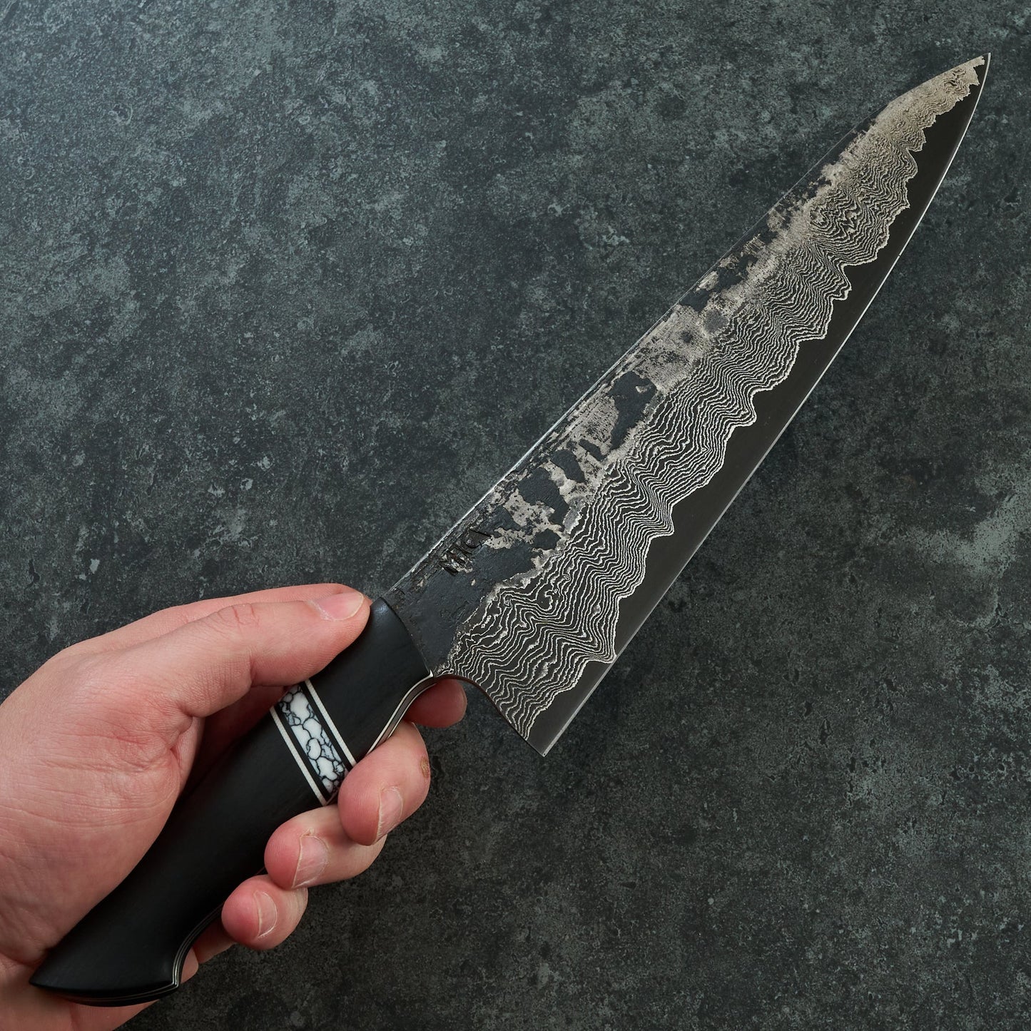 Gyuto 230mm Damascus clad 1.2419 Bog Oak & TruStone Tapered Full Tang – handle detail