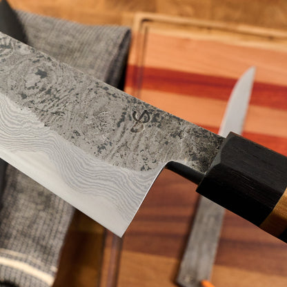 Gyuto 230mm Damascus Clad Apex Ultra Kogatana Combo – blade close-up