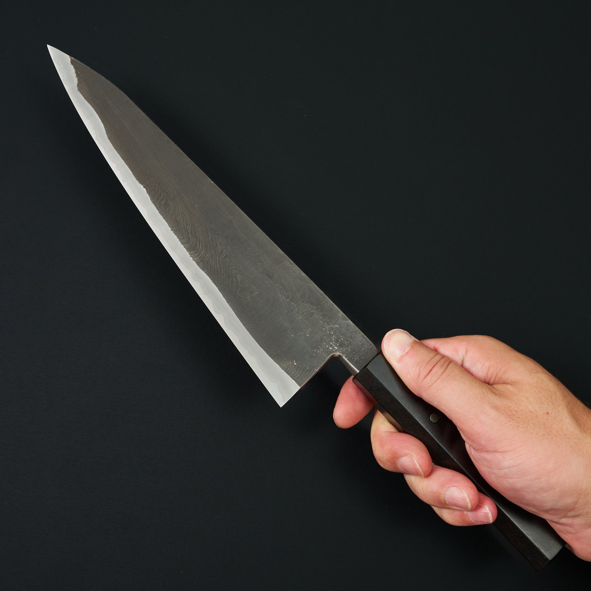 Gyuto 240mm GoMai Damasteel, Ni, Apex Ultra African Blackwood Takedown – detail view