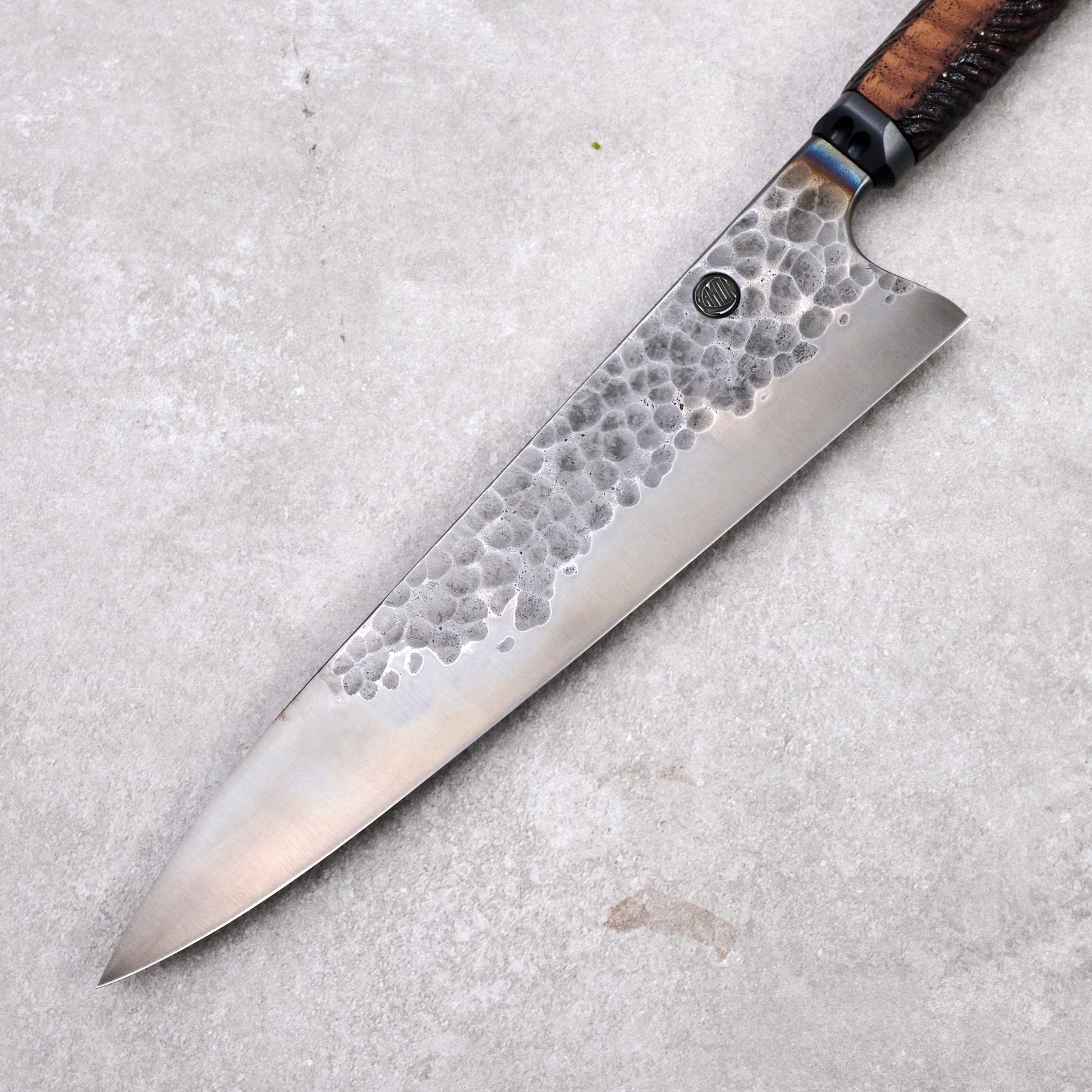 Gyuto 230mm Denty Oil Slick Hand Carved Curly Walnut Handle