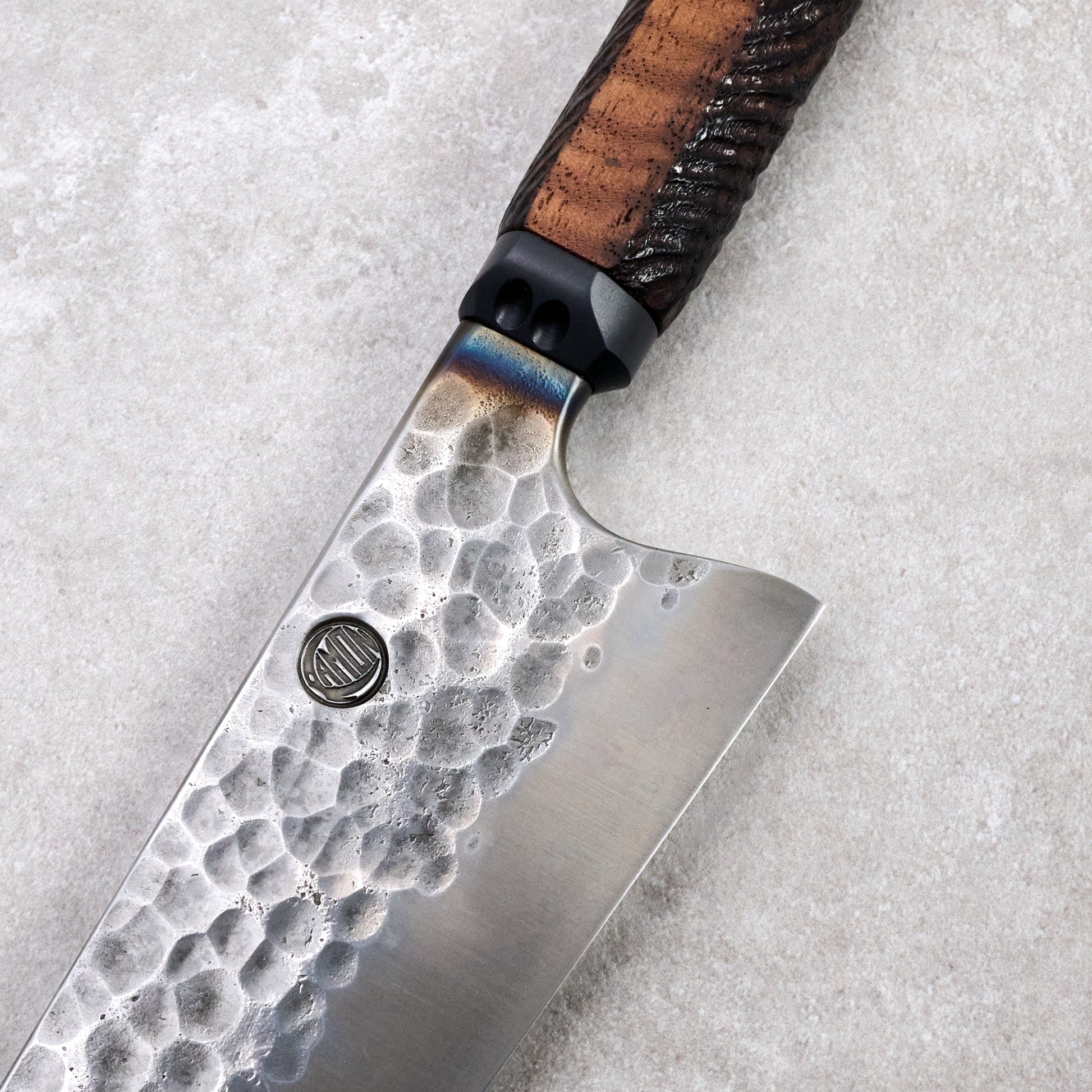 Gyuto 230mm Denty Oil Slick Hand Carved Curly Walnut Handle – side profile