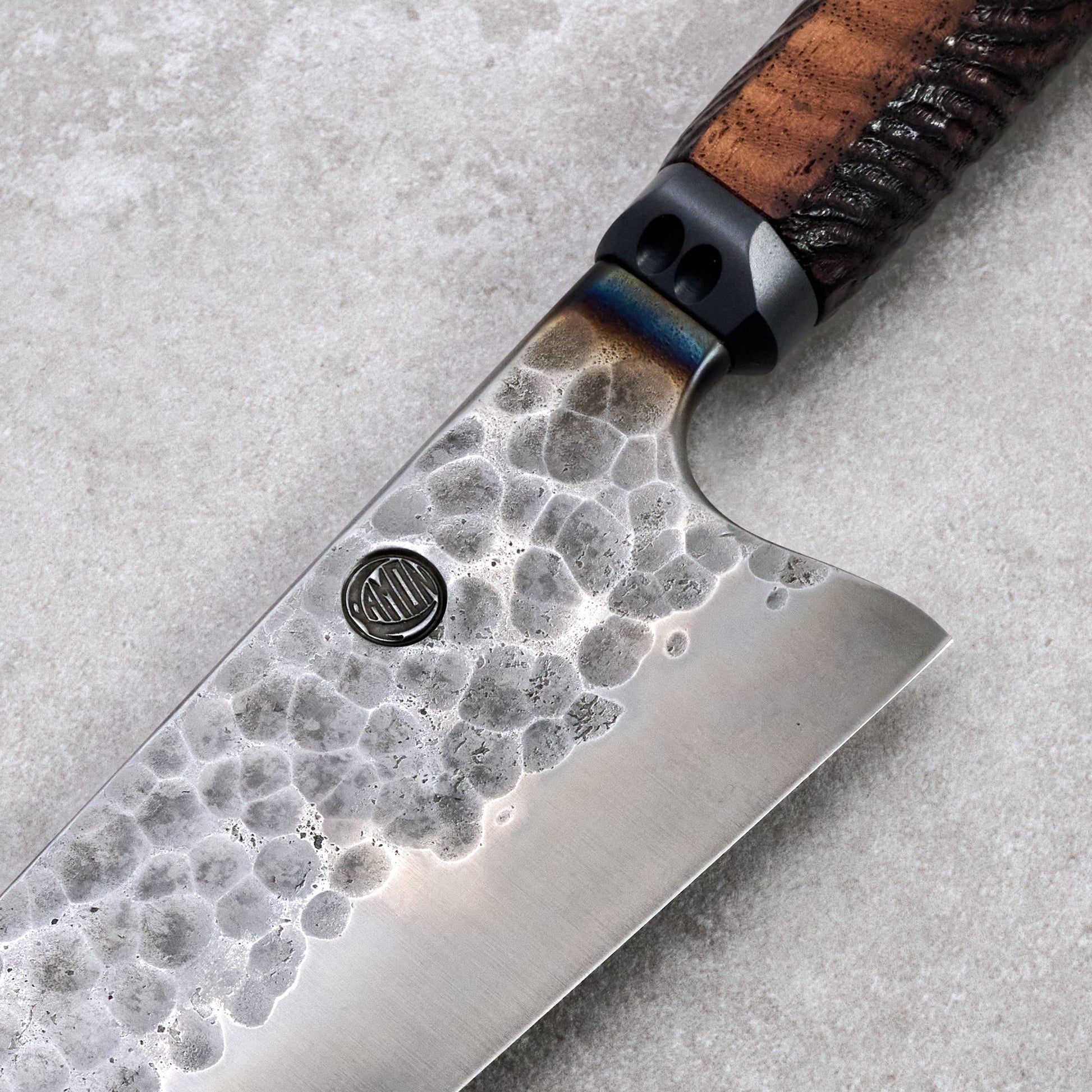 Gyuto 230mm Denty Oil Slick Hand Carved Curly Walnut Handle – handle detail