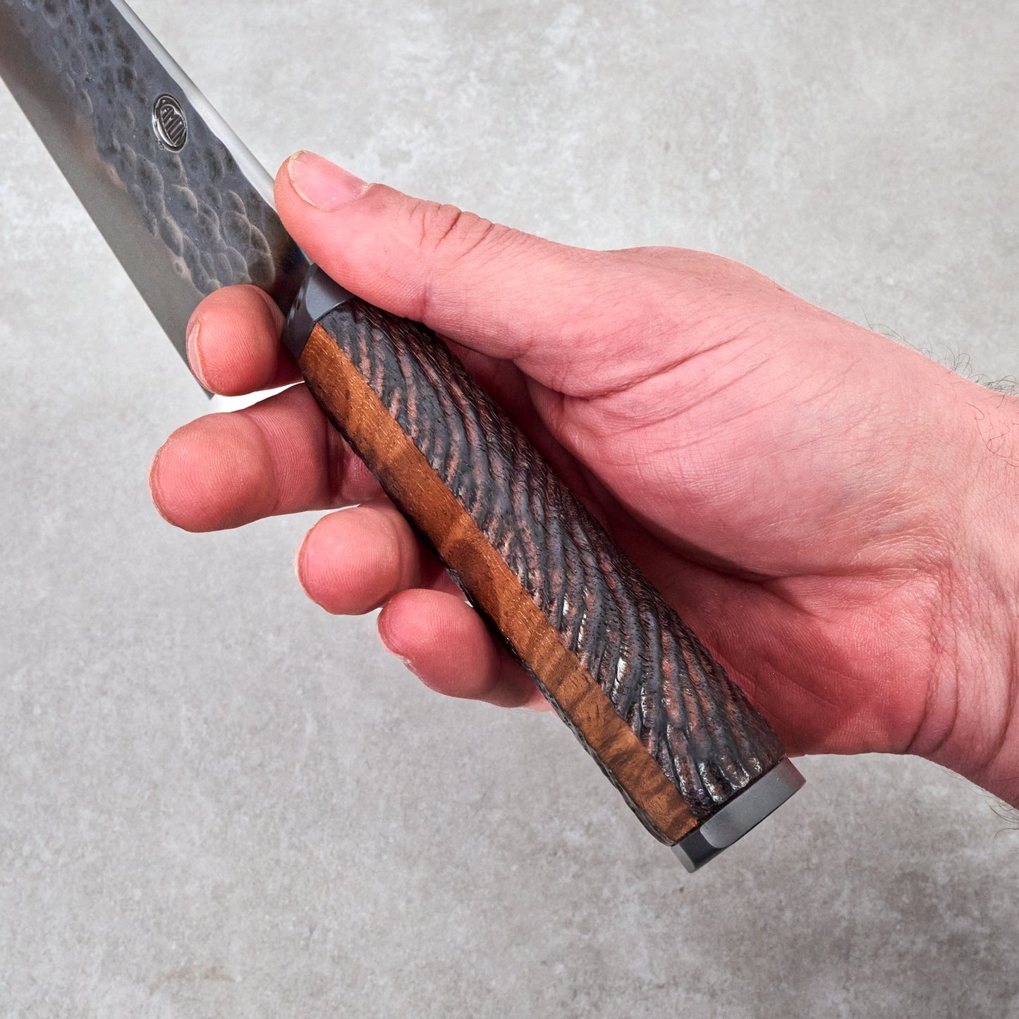 Gyuto 230mm Denty Oil Slick Hand Carved Curly Walnut Handle – blade close-up