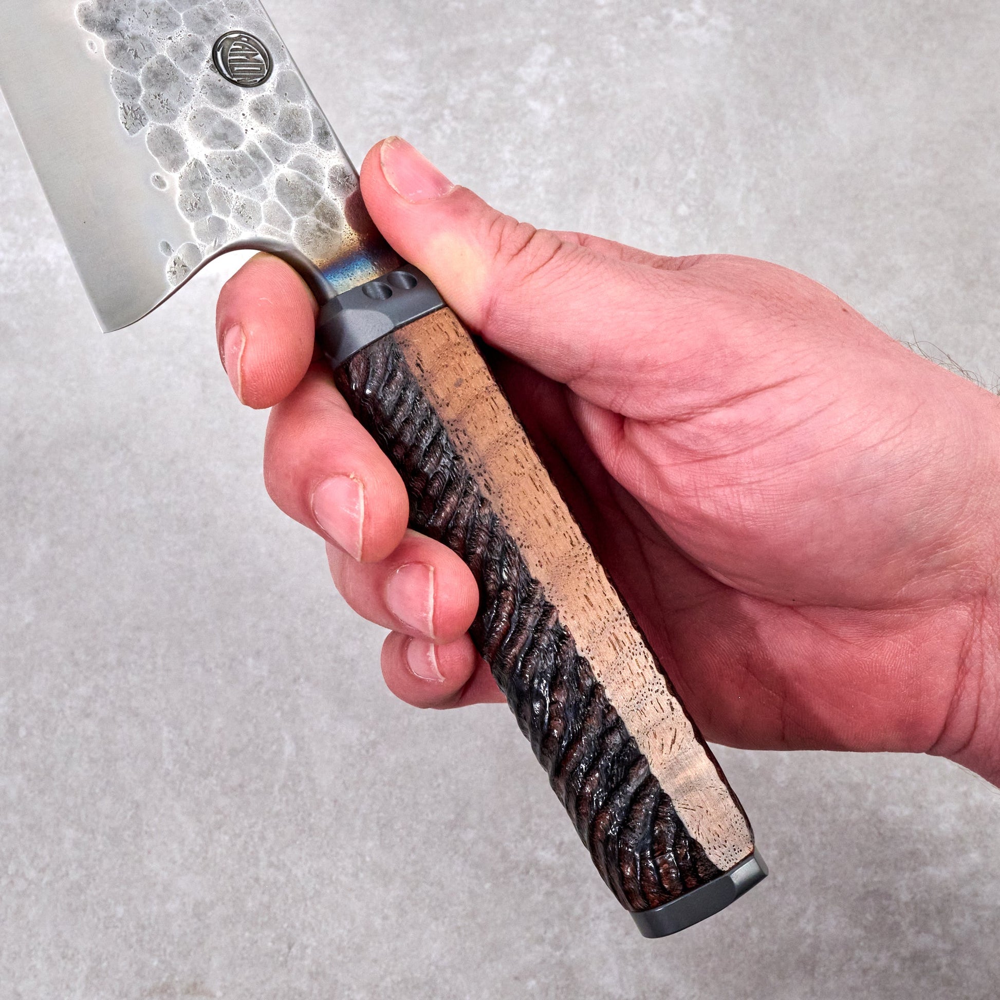 Gyuto 230mm Denty Oil Slick Hand Carved Curly Walnut Handle – detail view