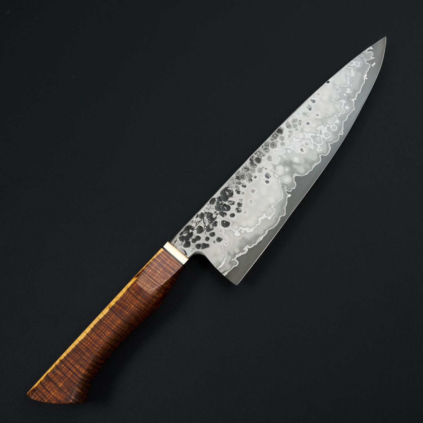 Tobias Hangler chef knife 235mm with a Denty stainless clad Apex Ultra blade and a two-tone mulga handle with brass bolster
