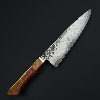 Tobias Hangler chef knife 235mm with a Denty stainless clad Apex Ultra blade and a two-tone mulga handle with brass bolster